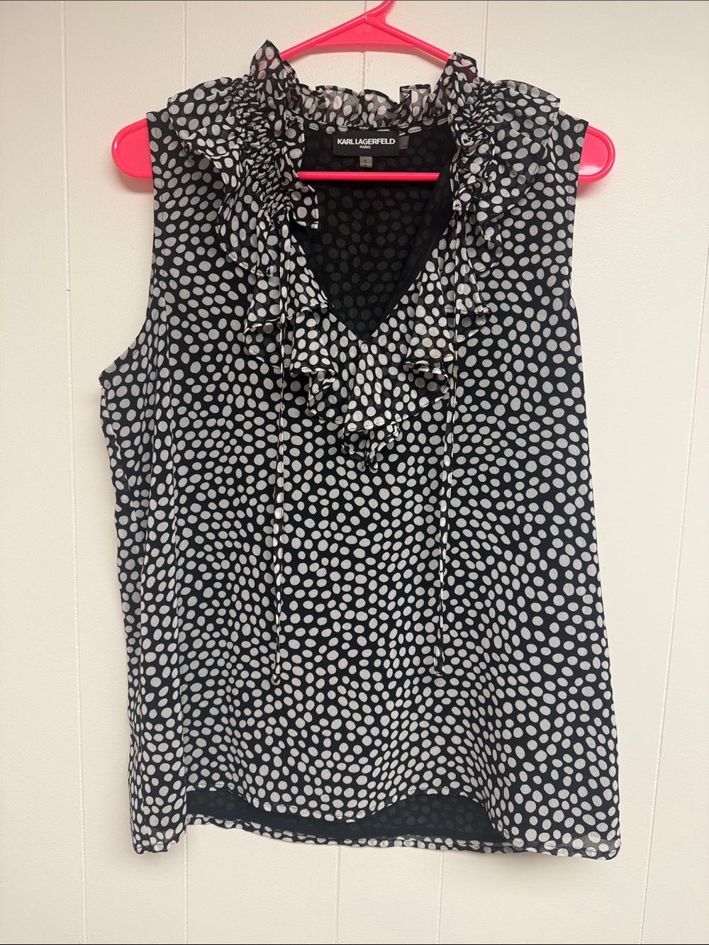 Karl Lagerfeld Black and White Polka Dot Ruffle V-Neck Sleeveless Blouse